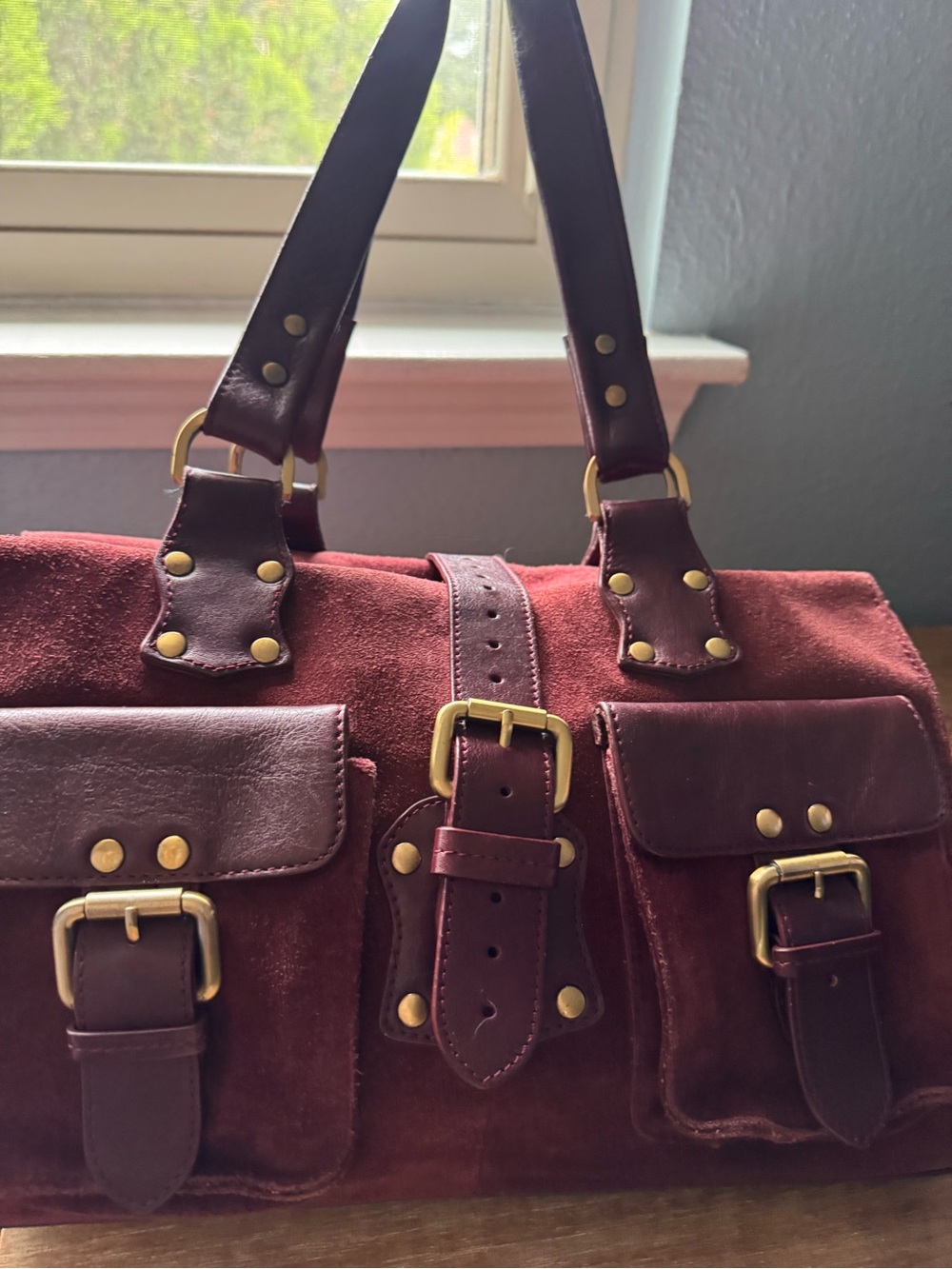 Burgundy Suede & Leather Satchel Tote with Gold Hardware - Picture 12 of 16